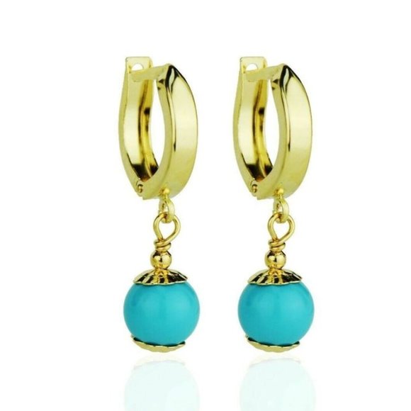 Real 14k Solid Yellow Gold Turquoise Huggie Dangle Earrings